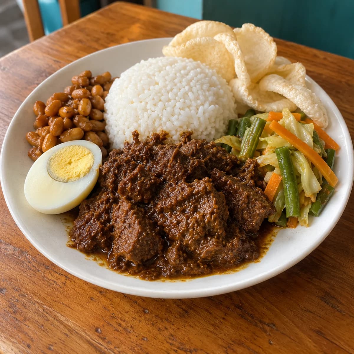 Illustration of beef rendang with rice, vegetables, boiled egg and crackers