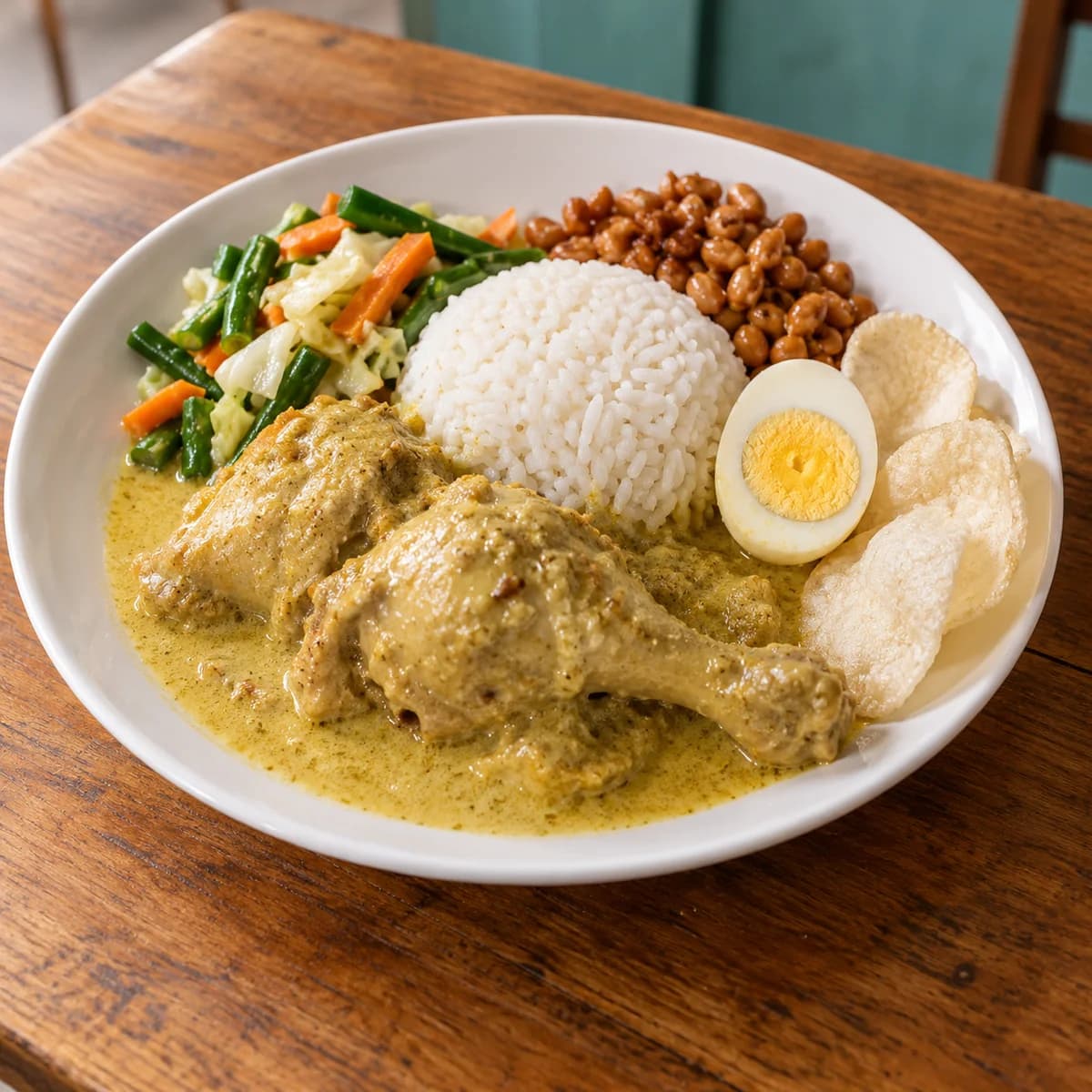 Illustration of chicken opor with rice, vegetables, boiled egg and crackers