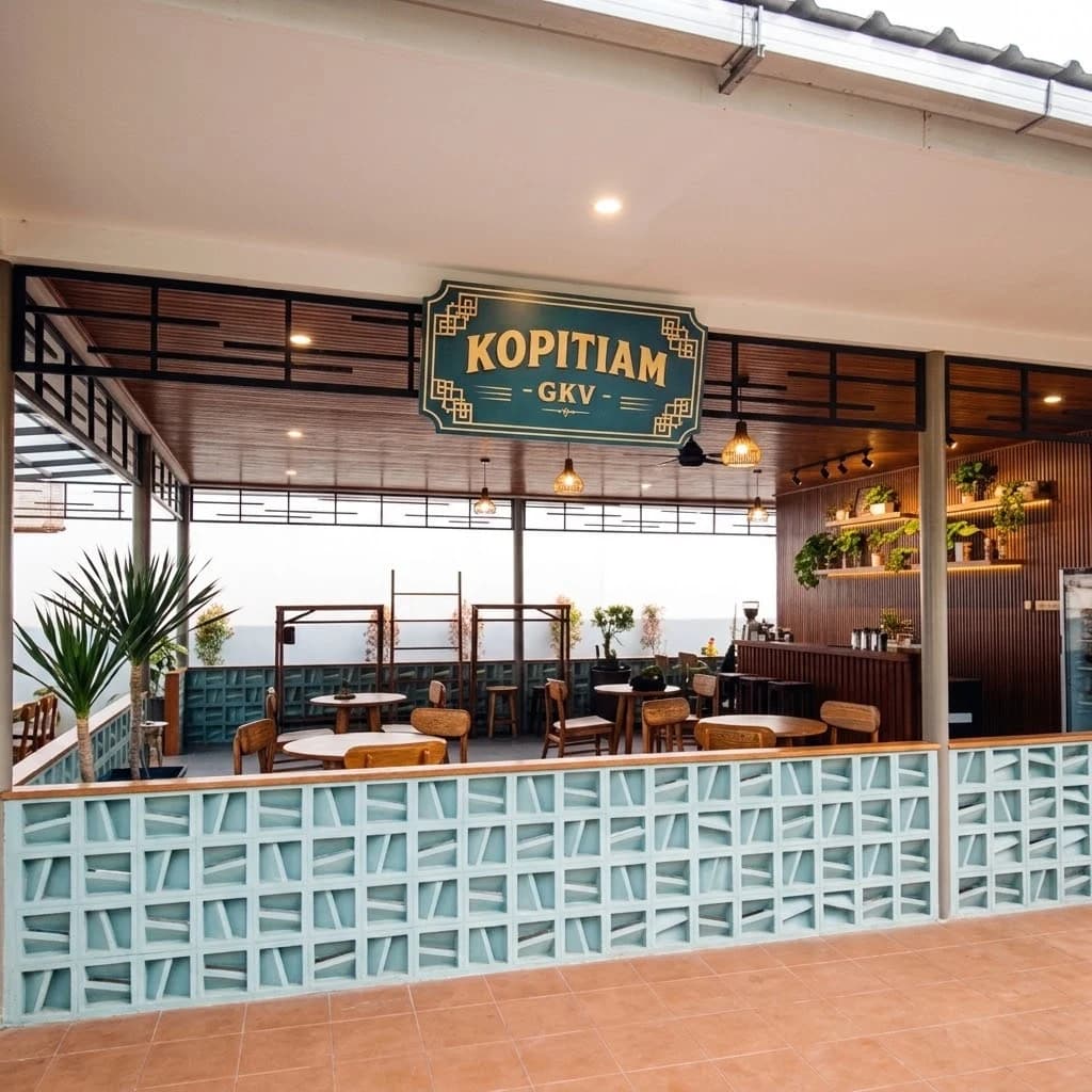 Kopitiam GKV with wooden tables, greenery and its teal and gold sign