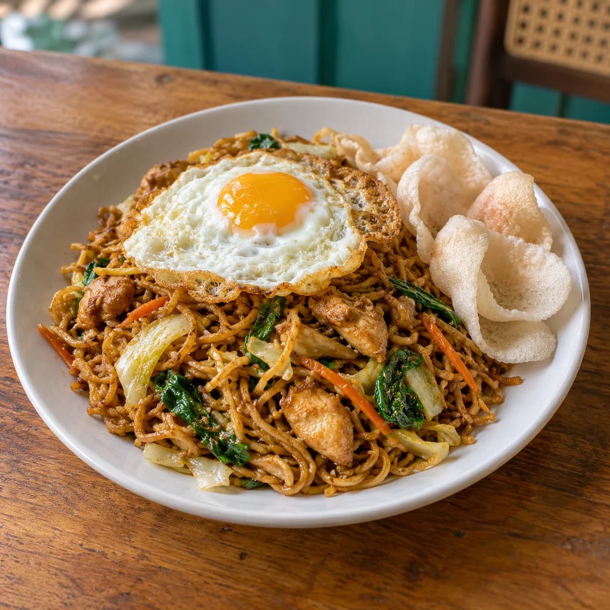 Illustration of chicken fried noodles topped with a fried egg and crackers