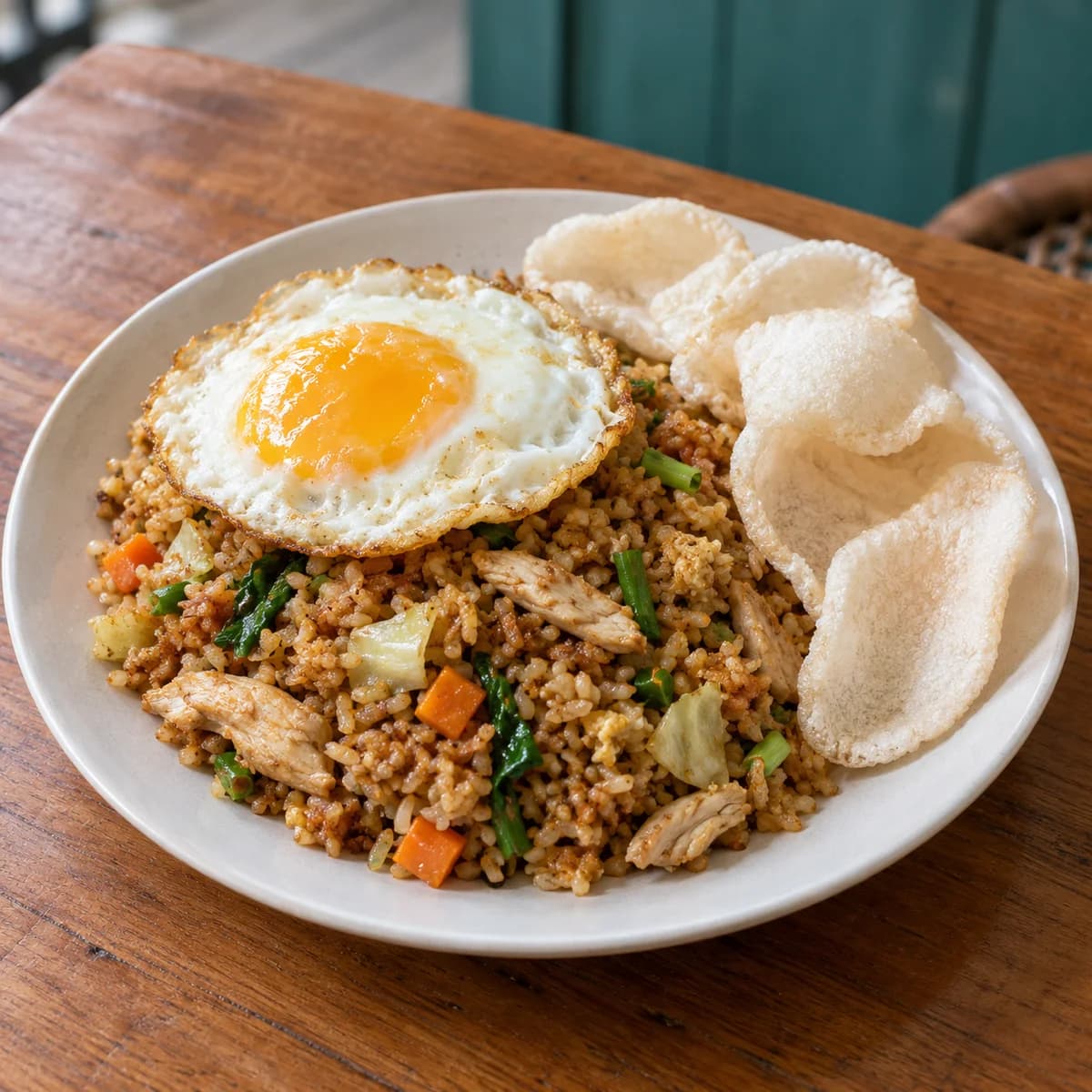 Illustration of chicken fried rice topped with a fried egg and crackers