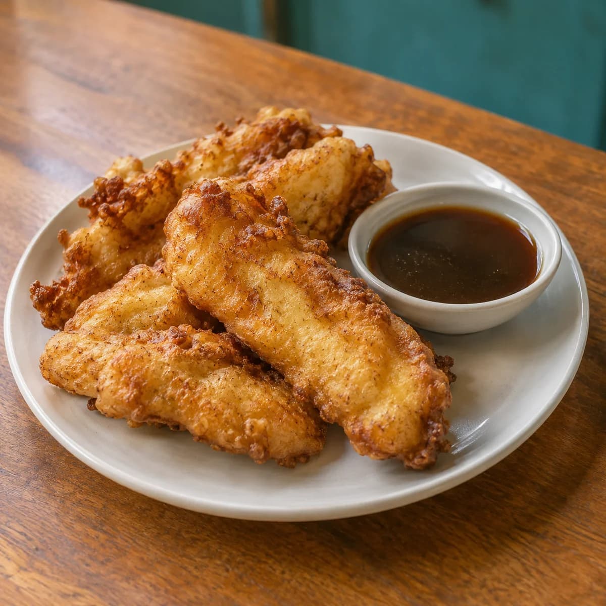 Illustration of golden banana fritters served with palm sugar sauce