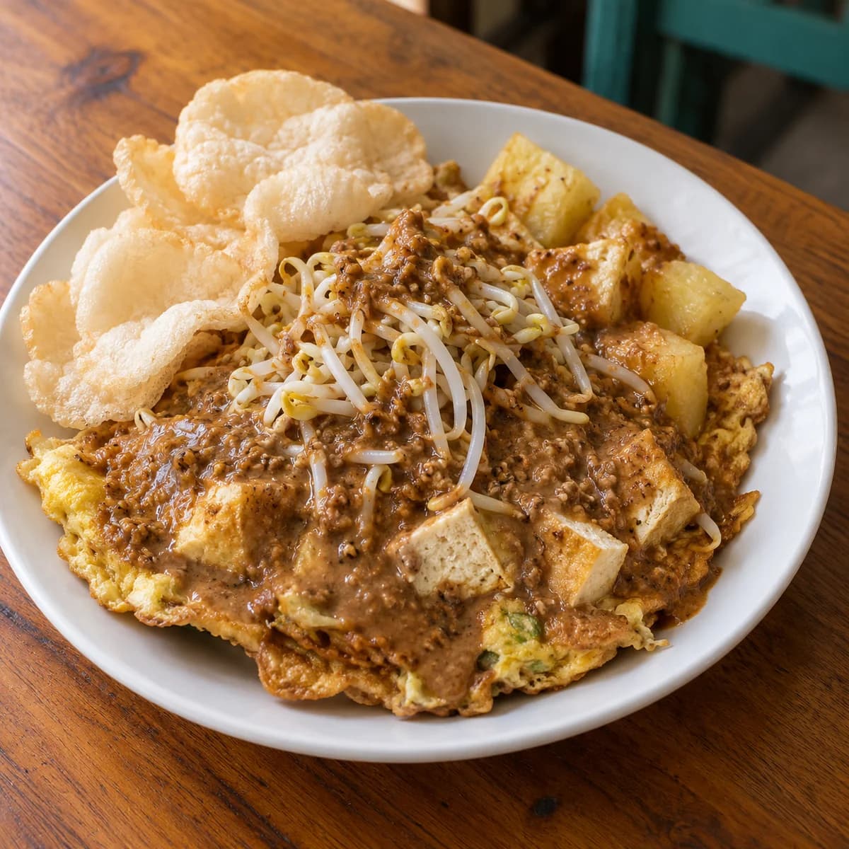 Illustration of tofu omelette with peanut sauce, bean sprouts, potatoes and crackers