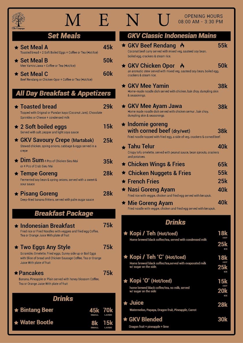 Original Kopitiam GKV menu with food, drinks, prices and opening hours