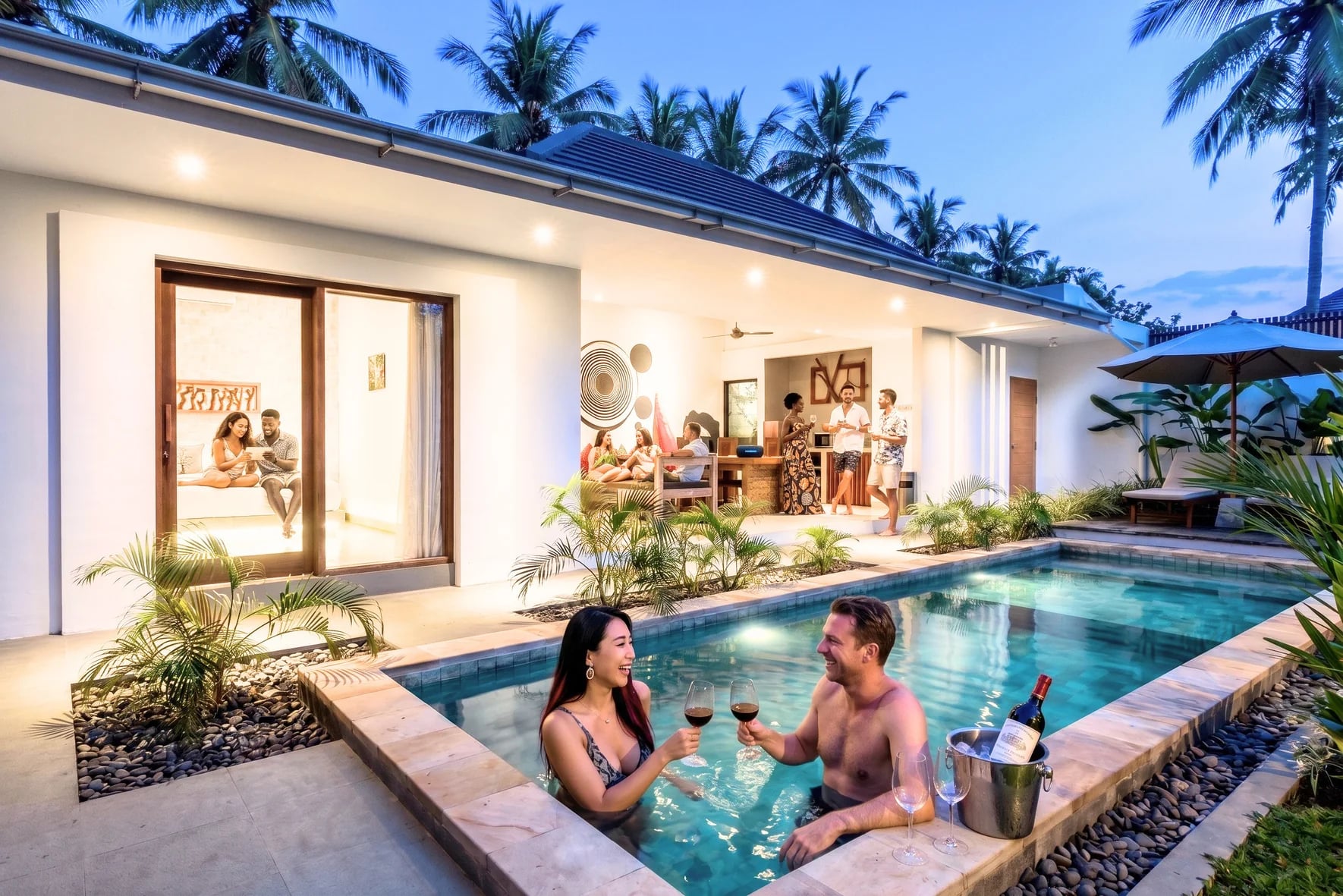Guests spending an evening together beside the pool at Gili Khayangan Villas